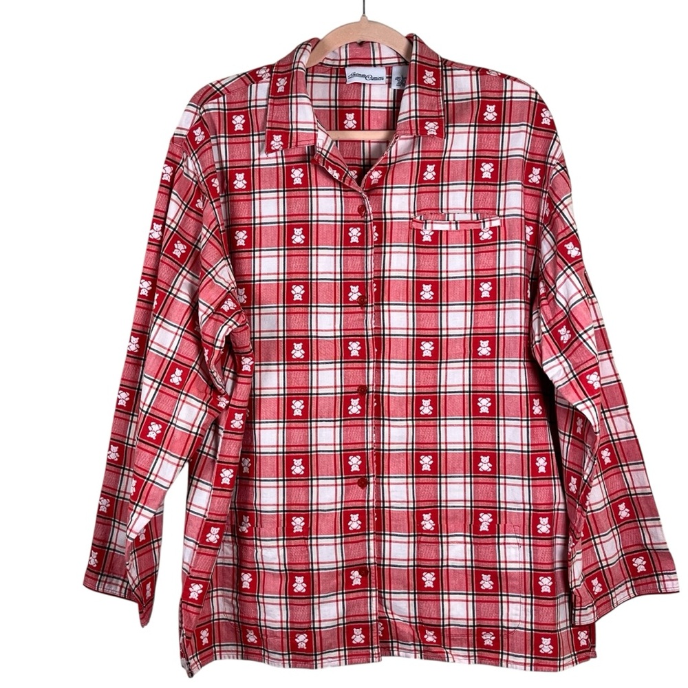 Vintage Intimate Classics Women's Teddy Bear Plaid Button Shirt Red White Size L